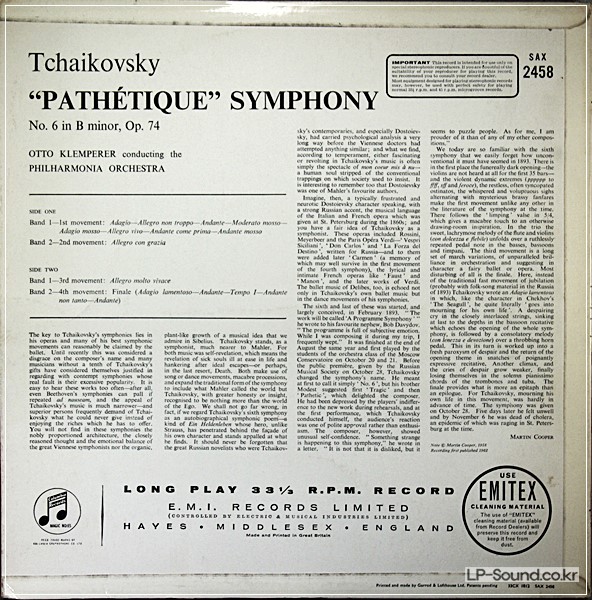 TCHAIKOVSKY PATHETIQUE OTTO KLEMPERER NM /SAX 2458 T/S