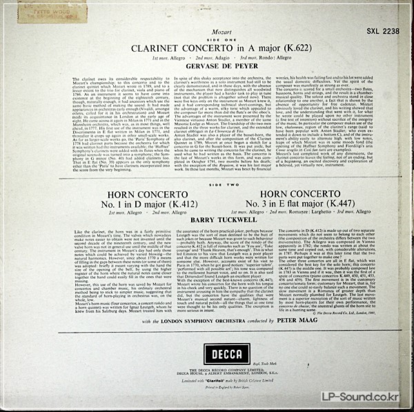 MOZART CLARINET & HORN CONCERTOS PEYER - MAAG - DECCA SXL 2238