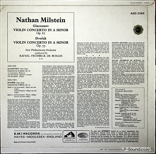 DVORAK / GLAZOUNOV: VIOLIN CTOS NATHAN MILSTEIN HMV ASD 2365 S/C ED1