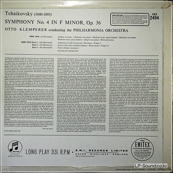 TCHAIKOVSKY: SYMPHONY NO. 4 - OTTO KLEMPERER **COLUMBIA SAX 2494