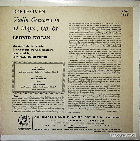 BEETHOVEN VIOLIN CONCERTO LEONID KOGAN COLUMBIA 33CX 1738