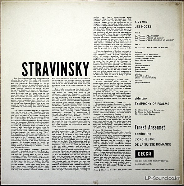 STRAVINSKY: LES NOCES / SYMPHONY OF PSALMS - ANSERMET **DECCA SXL 2277