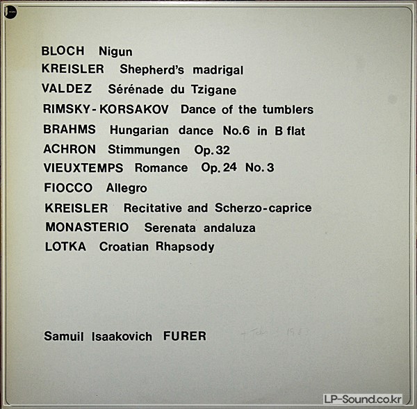 FURER, SAMUIL BLOCH,KREISLER,VALDES,RIMSKY-KORSAKOV,BRAHMS,ACHR TORCH D014077