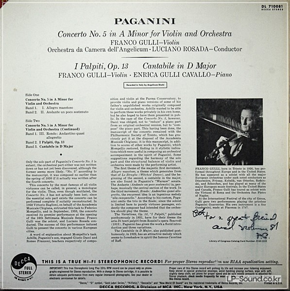 FRANCO GULLI / PAGANINI VIOLIN CONCERTO NO.5 / DECCA STEREO DL 710081
