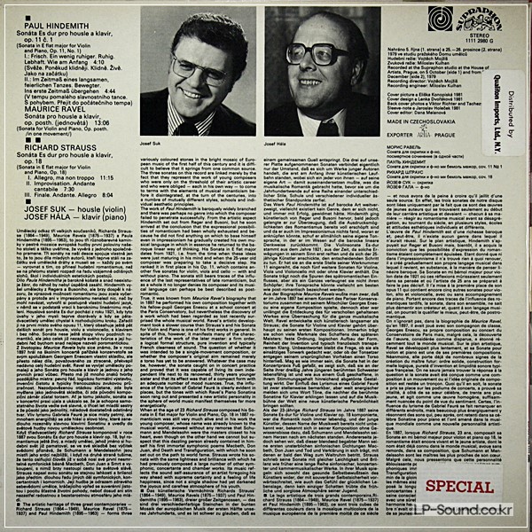 RAVEL HINDEMITH STRAUSS VIOLIN SONATA SUPRATHON STEREO 1111 2980