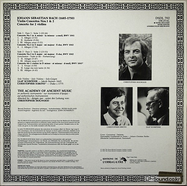 BACH VIOLIN CONCERTOS HOGWOODL'OISEAU- LYRE DIGITAL LP DSDL-702