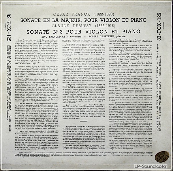 DEBUSSY - FRANCK / FRANCESCATTI & CASADESUS / SONATES   COLUMBIA 33 FCX 125