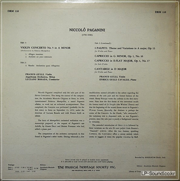 PAGANINI VIOLIN CONCERTO NO. 5 / CAPRICCIO - FRANCO GULLIMHS DRM 110 STEREO