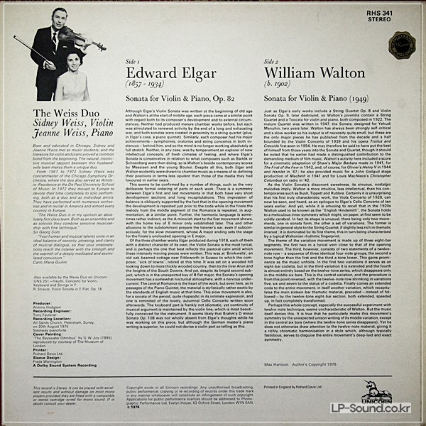 ELGAR / WALTON - SONATAS FOR VIOLIN & PIANO LP, THE WEISS DUO, UNICORN RHS 341