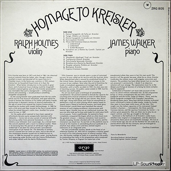 HOMAGE TO KREISLER RALPH HOLMES VIOLIN  ARGO ZRG 805