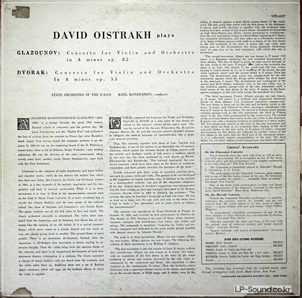 DVORAK GLAZOUNOV DAVID OISTRAKH VIOLIN CONCERTOS KONDRASHIN VRS-6027