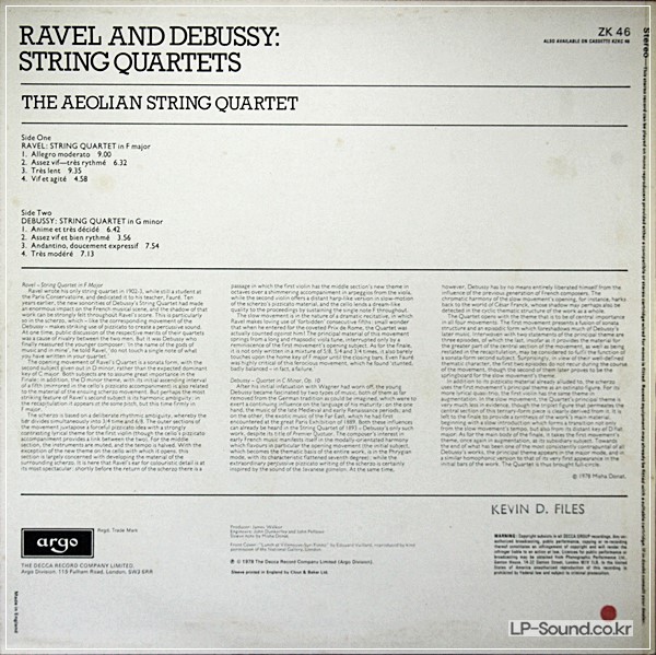 RAVEL  DEBUSSY AEOLIAN STRING QUARTET  ARGO ZK 46