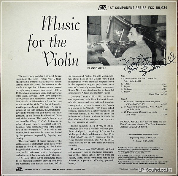 BACH SONATA #1 TARTINI DEVIL'S TRILL *FRANCO GULLI AUDIO FIDELITY FCS 50034