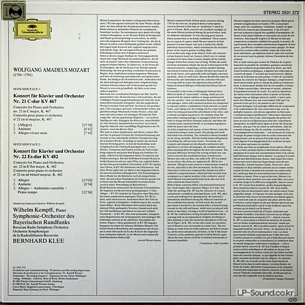 MOZART PIANO CONCERTOS 21 & 22 KEMPFF 1982 DEUTSCHE GRAMMOPHON 2531 372