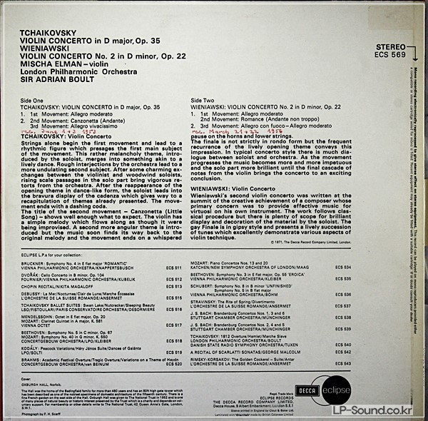 TCHAIKOVSKY WIENIAWSKI VIOLIN CONCERTOS  MISCHA ELMAN  ECS 569