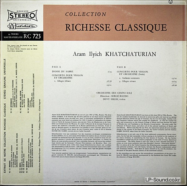 KHACHATURIAN: VIOLIN CTO   .DEVY ERLIH  MUSIDISC RC 723