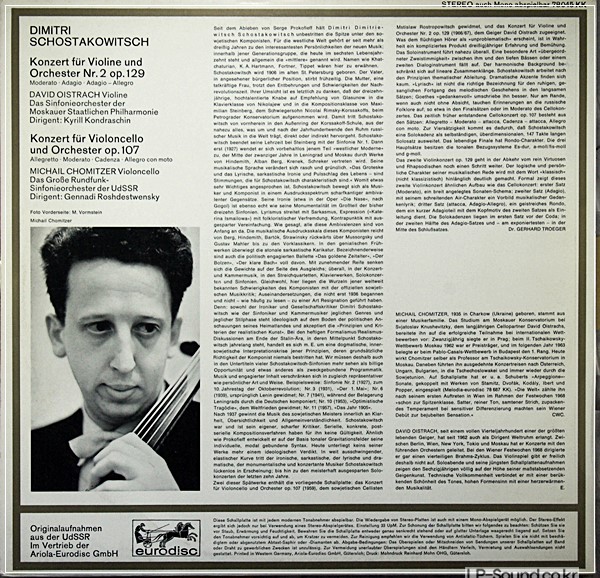 SHOSTAKOVICH VIOLIN & CELLO CONCERTOS OISTRAKH CHOMITZER EURODISC 78045 KK