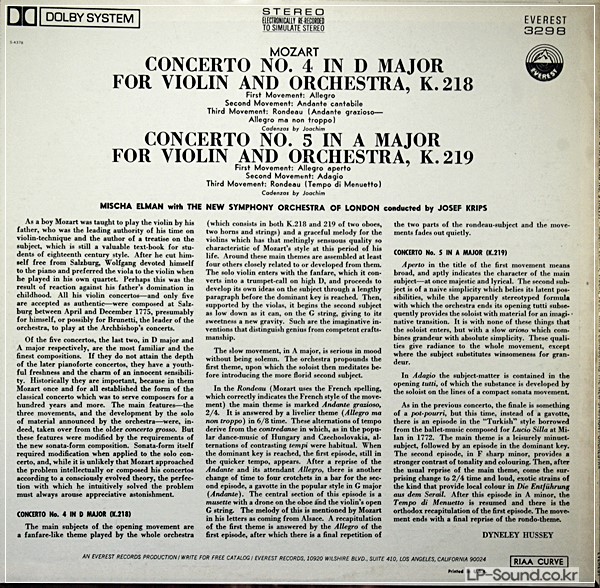 MISCHA ELMAN–VIOLIN CONCERTOS NOS. 4 & 5 EVREST 3298 STREO