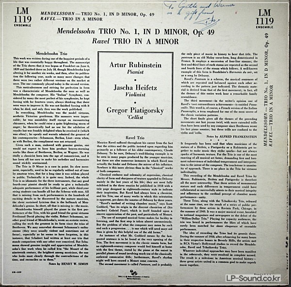 MENDELSSOHN TRIO RUBINSTEIN HEIFETZ PIATIGORSKY RCA LM 1119