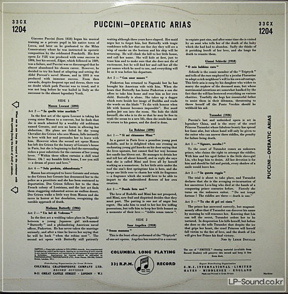 MARIA CALLAS SINGS PUCCINI ARIAS ED1 UK COLUMBIA 33CX 1204