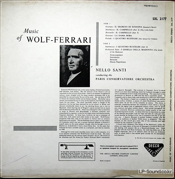 MUSIC OF WOLF-FERRARI* PARIS CONSERVATOIRE* MUSIC OF WOLF – FERRARI SXL 2177