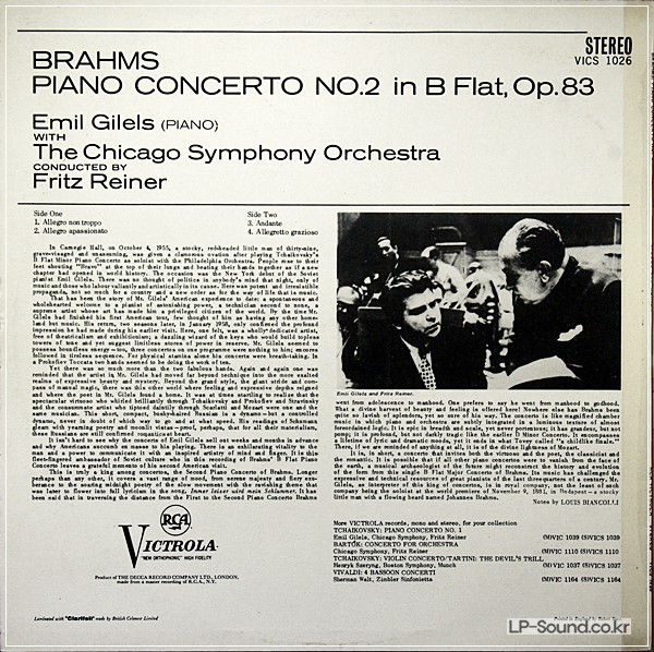 BRAHMS PIANO CONCERTO NO2 GILELS REINER  RCA VICS 1026