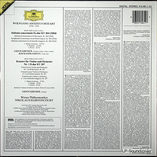 MOZART VIOLIN CONCERT SINFONIA  DG 413 461-1