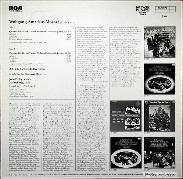 MOZART PIANO QUARTETS GUARNERI RUBINSTEIN RCA RED SEAL RL 12676