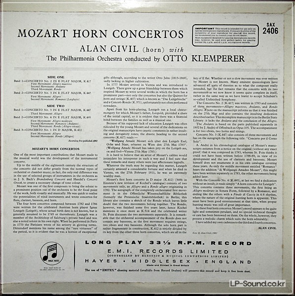 MOZART HONRN CONCERTOS -KLEMPERER ALAN CIVIL SAX 2406