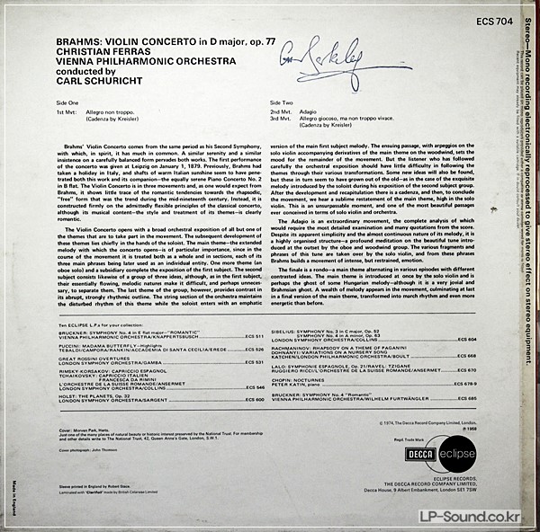 BRAHMS, VIOLIN CONCERTO IN D OP.77 / FERRAS,VIOLIN & CARL SCHURICHT ECS 704
