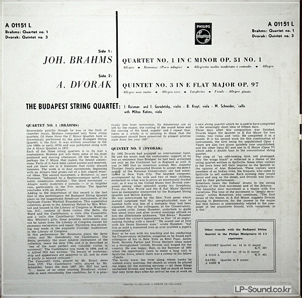 BRAHMS - DVORAK /BUDAPEST STRING QUARTET M. KATMIS PHILPS