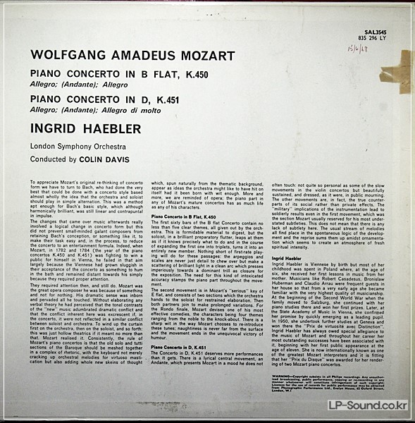 MOZART PIANO CONCERTO 15 & 16 INGRID HAEBLER COLIN DAVIS  SAL 3545