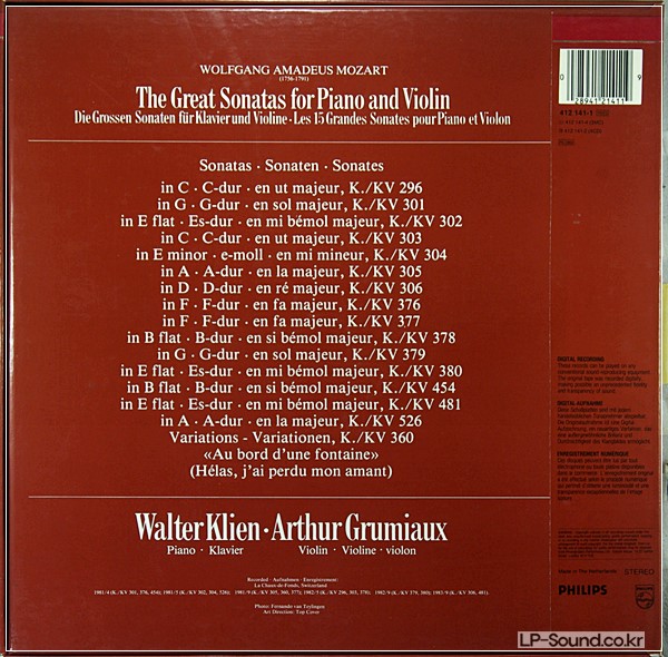 MOZART GREAT VIOLIN SONATAS GRUMIAUX KLIEN PHILIPS DIGITAL ED.1 5 LP