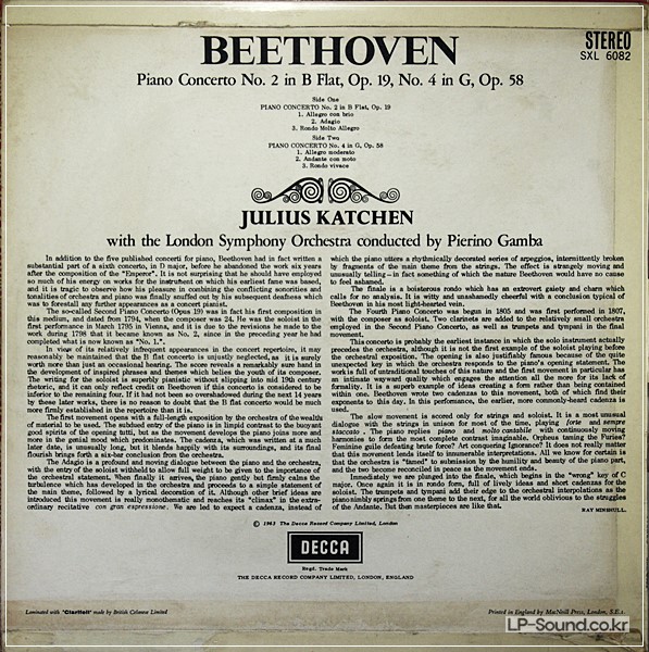 BEETHOVEN: PIANO CONCERTOS NOS. 2 & 4 KATCHEN GAMBA SXL 6082