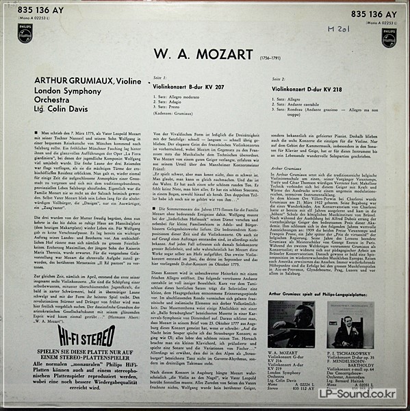 MOZART - VIOLIN CONCERTO 216 / 219 GRUMIAUX PHILIPS HIFI STREO 835 112 AY