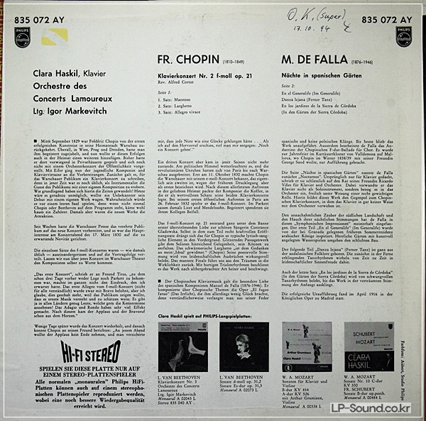 CHOPIN PIANO CONCERTO HASKIL MARKEVITCH PHILIPS LP 835072AY HIFI STEREO
