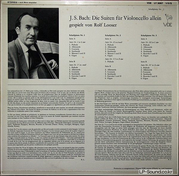 BACH DIE SUITEN FUR VIOLONCELLO ALLEIN / ROLF LOOSER  VDE LY 3007