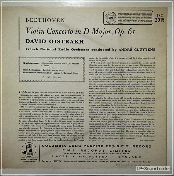 BEETHOVEN VIOLIN OISTRAKH CLUYTENS LP STEREO COLUMBIA SAX 2315