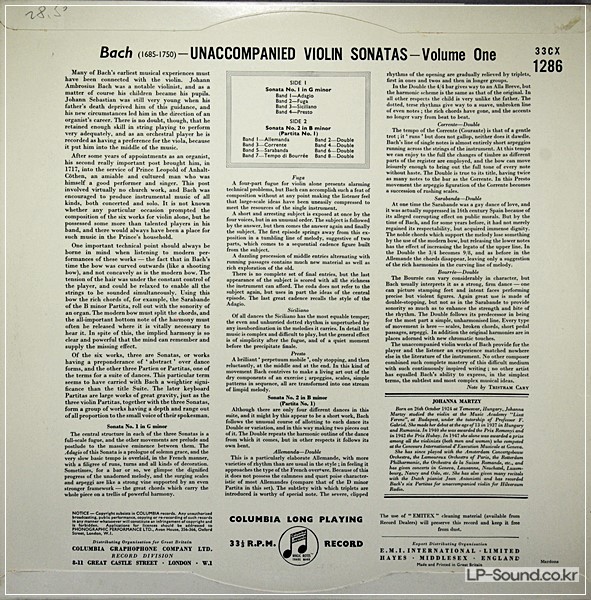J.S.BACH THE UNACCOMPANIED VIOLIN SONATAS JOHANNA MARTZY, 33CX 1286