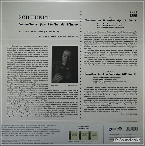 SHUBERT:  VIOLIN SONATA NO1/2  JOHANNA MARTZY, 33CX 1359