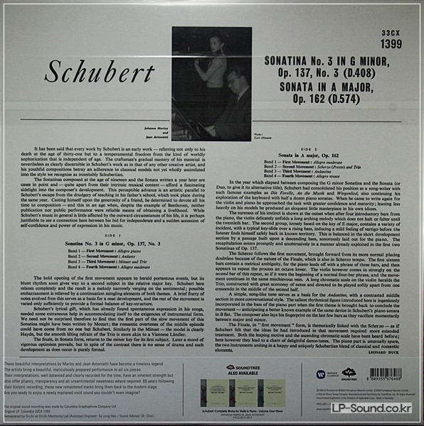 SHUBERT:  VIOLIN SONATA NO1/2  JOHANNA MARTZY, 33CX 1372  LP3