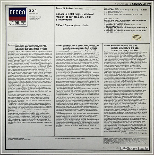 SCHUBERT - SONATA IN B FLAT MAJOR / CLIFFORD CURZON / IMPORT DECCA STEREO