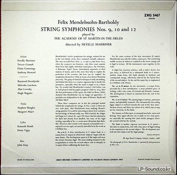 MENDELSSOHN: STRING SYMPHONIES - MARRINER **ARGO OVAL ZRG 5467 ED1