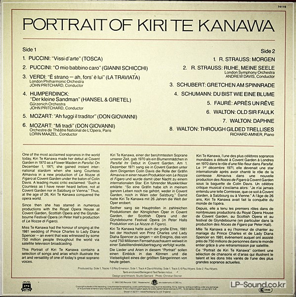 KIRI TE KANAWA PORTRAIT OF CBS RECORDS MASTERWORKS EX 39208