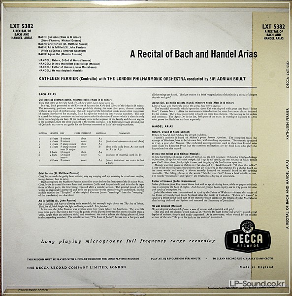 KATHLEEN FERRIER A RECITAL OF BACH & HANDEL ARIAS / DECCA LXT 5382