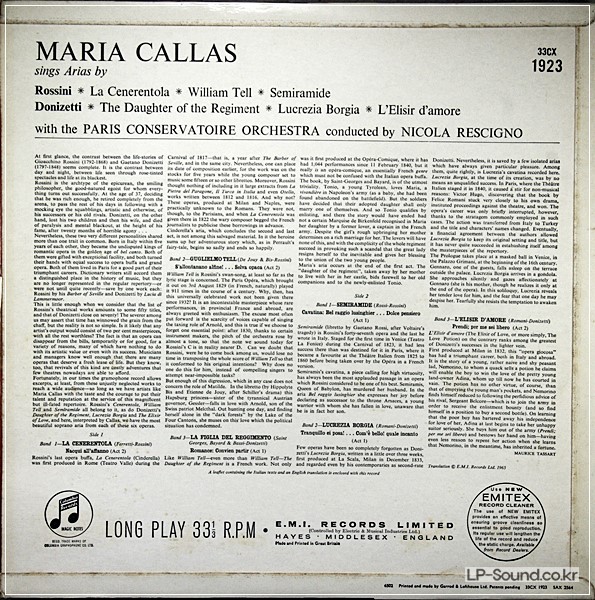 CALLAS SINGS ROSSININ & DONIZETTI ARIAS:PARIS CONSERVATOIRE ORCHESTRA: 33CX 1923