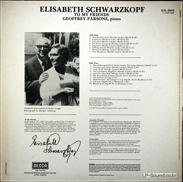ELISABETH SCHWARZKOPF TO MY FRIENDS BRAHMS GRIEG LOEWE SXL 6943