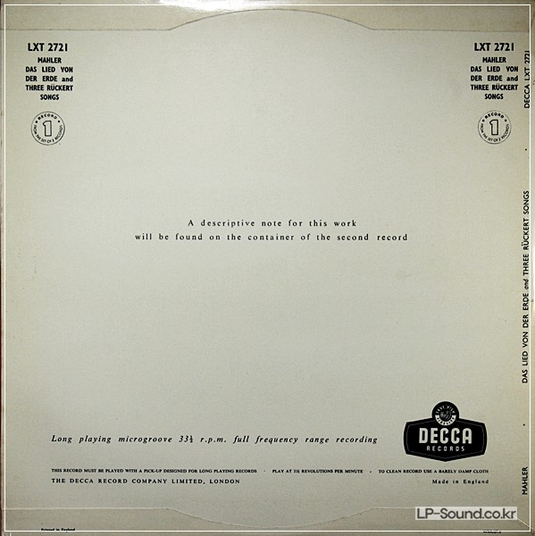 MAHLER DAS LIED VON DER ERDE DECCA LXT 2721 & 2722 SET MAHLER 2 LP SET