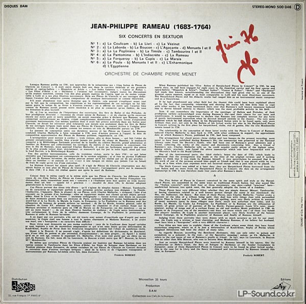 RAMEAU 6 CONCERTS EN SEXTUOR ORCHESTRE DE CHAMBRE PIERRE MENET / BAM