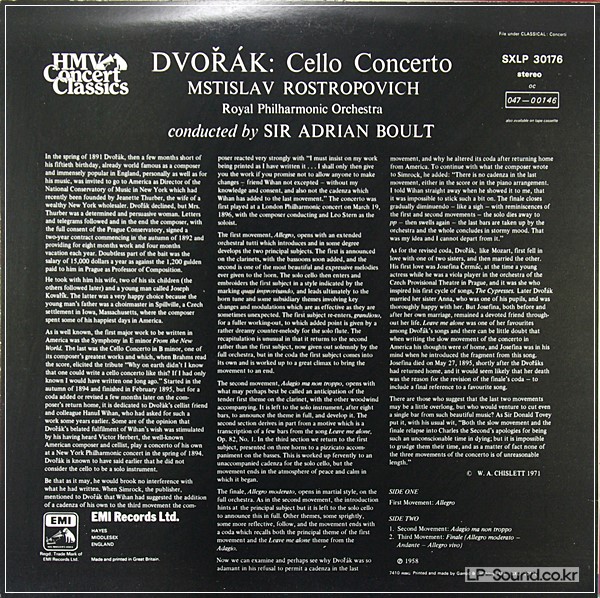 DVORAK CELLO CONCERTO ROSTROPOVITCH BOULT HMV CONCERT  SXLP 30176